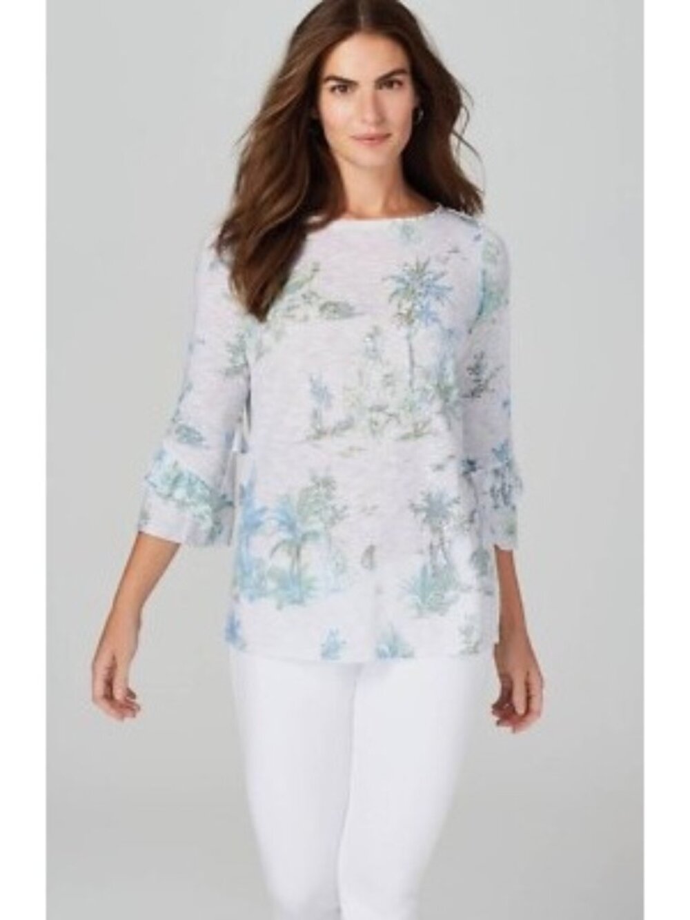 J. Jill Floral Linen Blend Blouse White/Blue Size M Coastal Spring Beach Summer